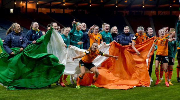 file-photo-dated-11-10-2022-of-republic-of-ireland-players-celebrate-following-victory-over-scotland-at-hampden-park-a-video-showing-members-of-the-ireland-national-womens-football-team-singing-a-pr