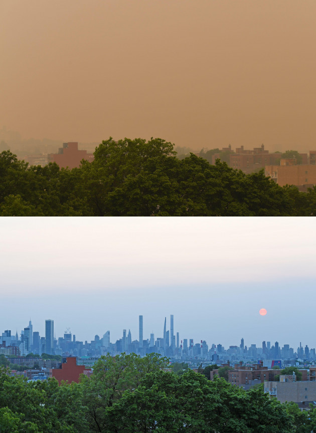 new-york-usa-21st-may-2023-the-combo-photo-shows-wildfire-smoke-from-canada-shrouding-new-york-the-united-states-on-june-7-2023-top-and-the-manhattan-skyline-at-sunset-in-new-york-on-may-21