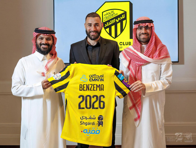 madrid-spain-07th-june-2023-l-r-saudi-al-ittihad-club-chairman-anmar-alhaeli-french-football-player-karim-benzema-and-club-vice-chairman-ahmad-kaaki-pose-after-a-signature-ceremony-in-madrid