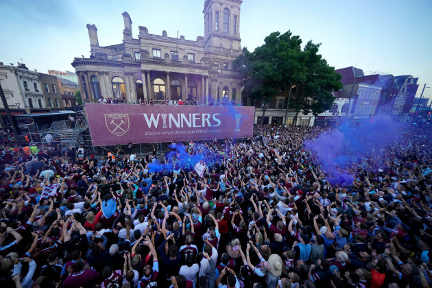 west-ham-united-celebrate-at-the-old-town-hall-in-stratford-london-following-wednesdays-2-1-victory-over-fiorentina-in-the-europa-conference-league-final-and-ended-their-43-year-wait-for-a-trophy