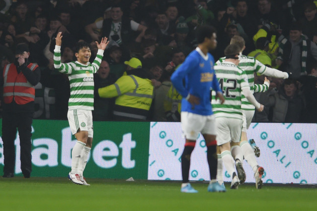 glasgow-scotland-2nd-february-2022-reo-hatate-of-celtic-celebrates-his-1st-goal-during-the-cinch-premiership-match-at-celtic-park-glasgow-picture-credit-should-read-neil-hanna-sportimage