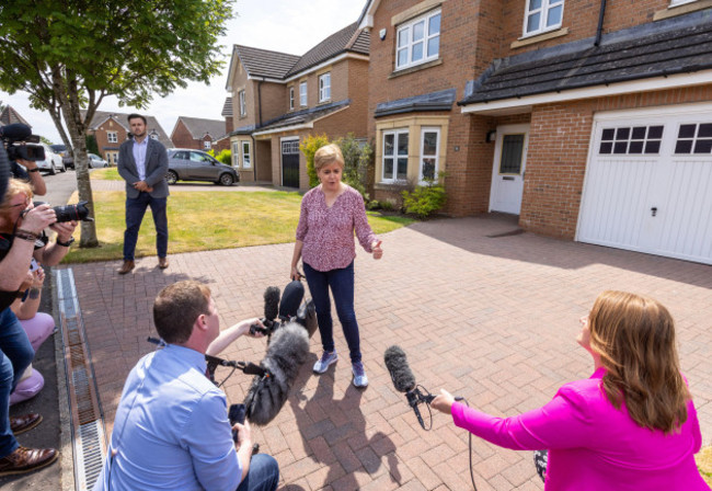 former-first-minister-of-scotland-nicola-sturgeon-speaks-to-the-media-outside-her-home-in-uddingston-glasgow-following-her-arrest-last-week-in-the-police-investigation-into-the-snps-finances-the-f
