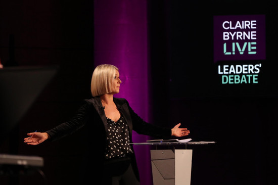 host-rtes-claire-byrne-takes-to-the-stage-for-the-seven-way-rte-leaders-debate-at-the-national-university-of-ireland-galway-nuig-campus-in-galway-ireland