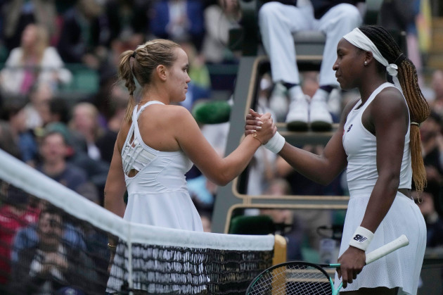 sofia-kenin-of-the-us-left-shakes-hands-with-coco-gauff-of-the-us-after-winning-the-first-round-womens-singles-match-on-day-one-of-the-wimbledon-tennis-championships-in-london-monday-july-3-2023