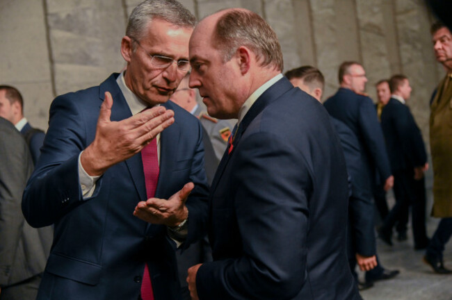 brussels-belgium-24th-oct-2019-nato-secretary-general-jens-stoltenberg-l-front-speaks-with-uk-defense-secretary-ben-wallace-r-front-at-the-official-portrait-of-meetings-of-nato-ministers-of