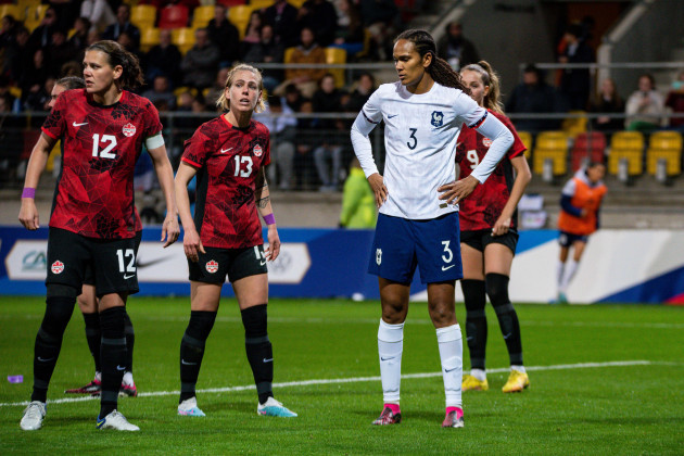 christine-sinclair-of-canada-sophie-schmidt-of-canada-and-wendie-renard-of-france-during-the-womens-friendly-football-match-between-france-and-canada-on-april-11-2023-at-marie-marvingt-stadium-in-l