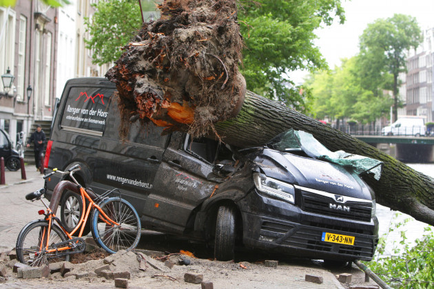 amsterdam-netherlands-05th-july-2023-a-fallen-tree-over-on-the-van-during-strong-winds-of-the-storm-poly-at-the-herengracht-canal-on-july-5-2023-in-amsterdam-netherlands-a-woman-in-haarlem-outs