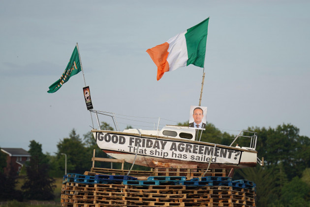 a-pyre-with-a-boat-on-top-with-a-picture-of-taoiseach-leo-varadkar-and-a-banner-that-reads-good-friday-agreement-that-ship-has-sailed-before-it-is-set-alight-in-moygashel-near-dungannon-co-tyro