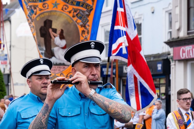 antrim-12th-july-2022-uk-loyalist-bandsmen-leading-loyal-orange-lodge-no-553-at-annual-twelfth-parade