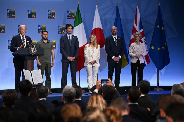 us-president-joe-biden-speaks-at-an-event-with-g7-leaders-next-to-ukrainian-president-volodymyr-zelensky-to-announce-a-joint-declaration-of-support-for-ukraine-during-the-nato-summit-in-vilnius-lithu