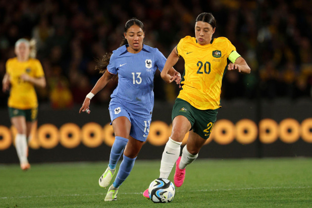 australias-sam-kerr-right-gets-the-ball-past-frances-selma-bacha-during-their-friendly-soccer-match-in-melbourne-friday-july-14-2023-ahead-of-the-womens-world-cup-ap-photohamish-blair