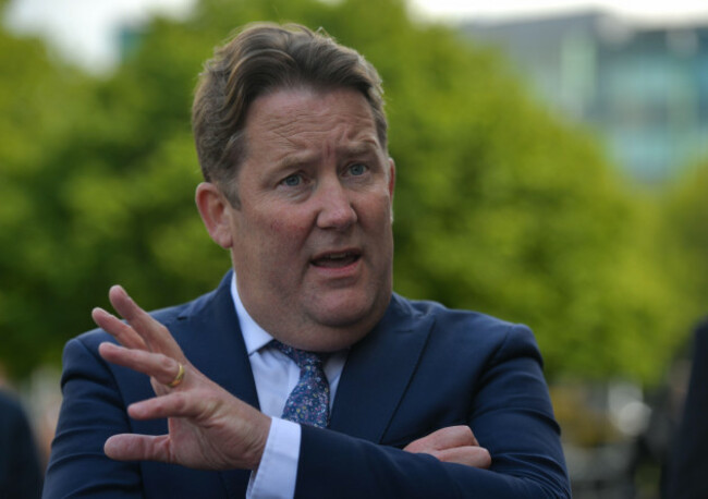darragh-obrien-irish-minister-for-housing-local-government-and-heritage-speaks-to-the-media-outside-dublins-custom-house-minister-obrien-reaffirmed-his-commitment-to-introduce-a-digital-green-c