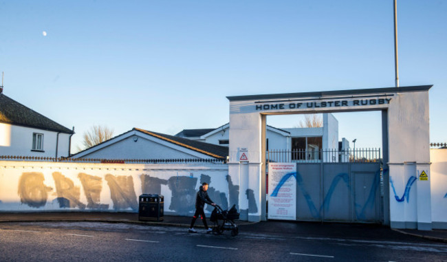 graffiti-on-the-wall-and-entrance-gates-of-ulster-rugby-stadium-in-belfast-graffiti-referencing-the-grenfell-tower-disaster-is-being-investigated-by-police-after-being-painted-on-the-kingspan-stadium