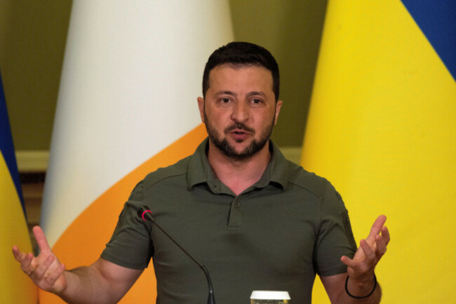 ukraines-president-volodymyr-zelensky-speaks-during-a-joint-news-briefing-with-taoiseach-leo-varadkar-at-horodetskyi-house-in-kyiv-ukraine-picture-date-wednesday-july-19-2023