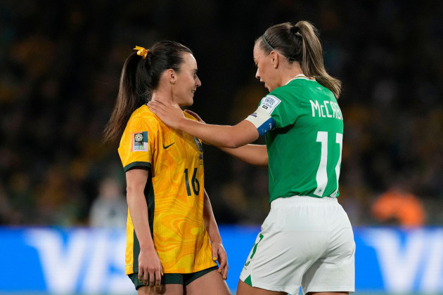 irelands-katie-mccabe-talks-to-australias-hayley-raso-left-during-the-womens-world-cup-soccer-match-between-australia-and-ireland-at-stadium-australia-in-sydney-australia-thursday-july-20-202