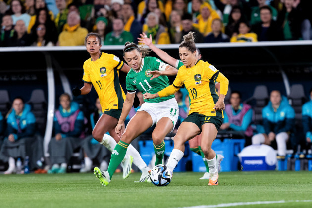 sydney-australia-20-july-2023-katrina-gorry-of-australia-passes-the-ball-under-pressure-from-katie-mccabe-of-ireland-during-the-womens-world-cup-football-match-between-the-australia-matildas-and