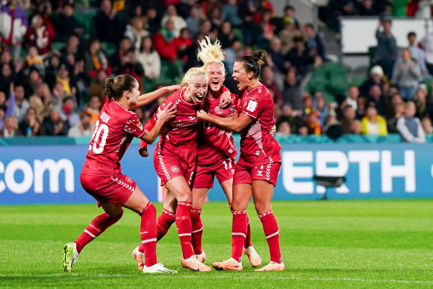 perth-australia-22nd-july-2023-july-22-2023-perth-west-australia-australia-perth-austalia-july-22nd-2023-amalie-vangsgaard-9-denmark-celebrates-with-teammates-after-scoring-her-teams-fi