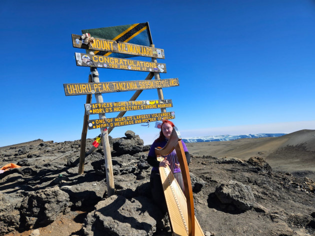 24yr old Siobhan Brady on the summit of Mount Kilimanjaro this morning during the Guinness World Record attempt, The Highest Harp Concert