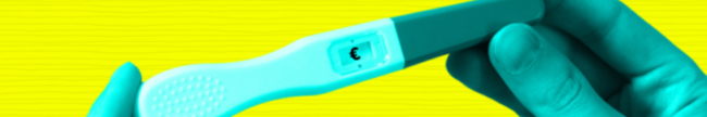 Design for FUNDING FERTILITY investigation: Person holding a pregnancy test with a euro sign where the result should be.
