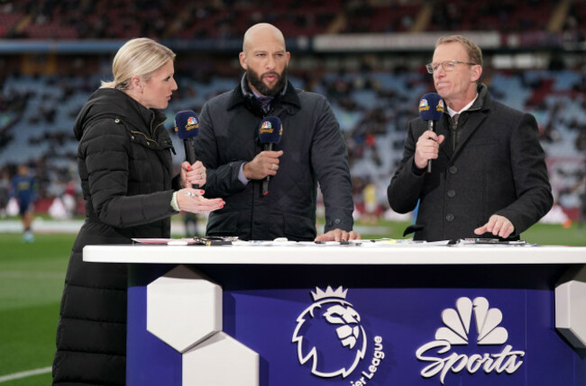 nbc-sports-presenters-rebecca-lowe-tim-howard-centre-and-robbie-mustoe-after-the-premier-league-match-at-villa-park-birmingham-picture-date-saturday-april-9-2022