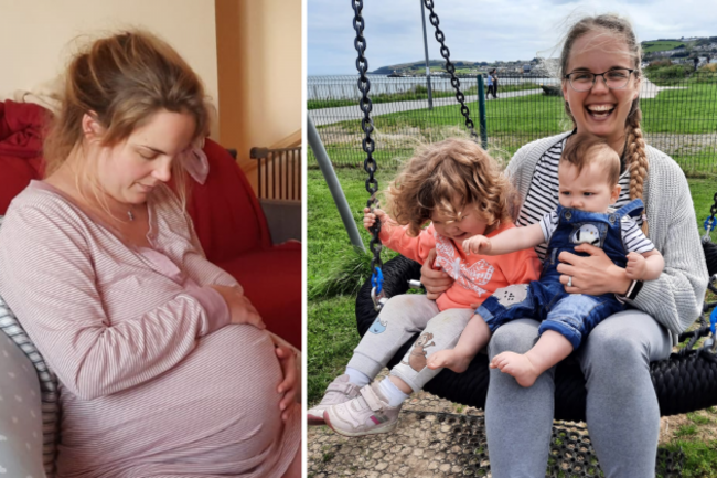 Sasha in labour holding her stomach. Sasha is also pictured on a large swing with her two children.