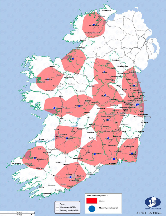 Map of Ireland showing red patches surrounding the 19 maternity units. Large parts of the west of Ireland are not covered by red patches.