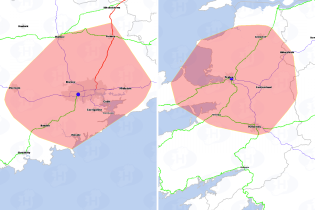 Red areas on two maps depict the extent of the 30-minute distance in Cork and Kerry - showing how much of each county isn't covered.