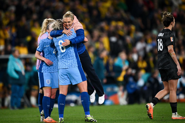 sydney-australia-16th-aug-2023-englands-coach-sarina-wiegman-celebrates-with-millie-bright-of-england-after-winning-the-fifa-womens-world-cup-2023-semi-final-soccer-match-between-australia-and-e