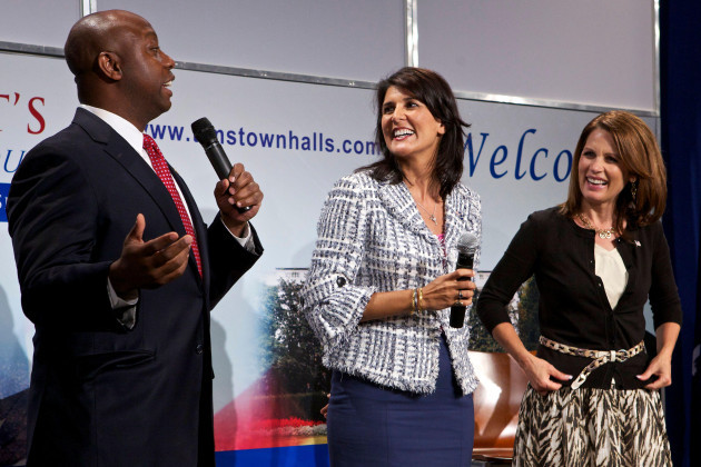 south-carolina-gov-nikki-haley-center-makes-a-surprise-appearance-at-a-town-hall-event-hosted-by-rep-tim-scott-r-s-c-left-for-republican-presidential-candidate-rep-michele-bachmann-r-minn
