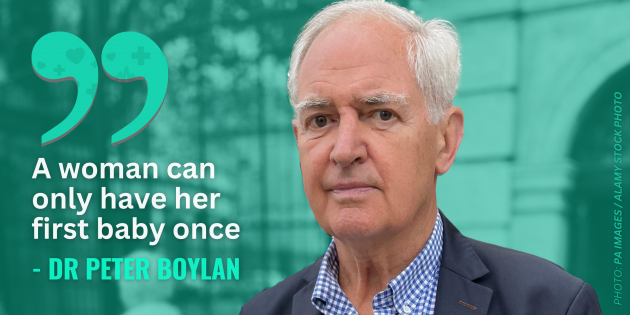 Dr Peter Boylan wearing a checked shirt and navy jacket with quote - A woman can only have her first baby once. 