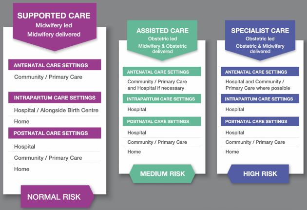 Three boxes, each detailed a pathway. 1 - Supported Care for Normal Risk; Midwifery led; Midwifery delivered. Antenatal care settings - Community / Primary Care. Intrapartum Care Settings - Hospital / Alongside Birth Centre or Home. Postnatal Care Settings - Hospital, Community / Primary Care or Home. 2 - Assisted Care for Medium Risk; Obstetric led; Midwifery & Obstetric delivered. Antenatal care settings - Community / Primary Care and Hospital if necessary. Intrapartum Care Settings - Hospital. Postnatal Care Settings - Hospital, Community / Primary Care or Home. 3 - Specialist Care for High Risk; Obstetric led; Midwifery & Obstetric delivered. Antenatal care settings - Hospital and Community / Primary Care where possible. Intrapartum Care Settings - Hospital. Postnatal Care Settings - Hospital, Community / Primary Care or Home. 