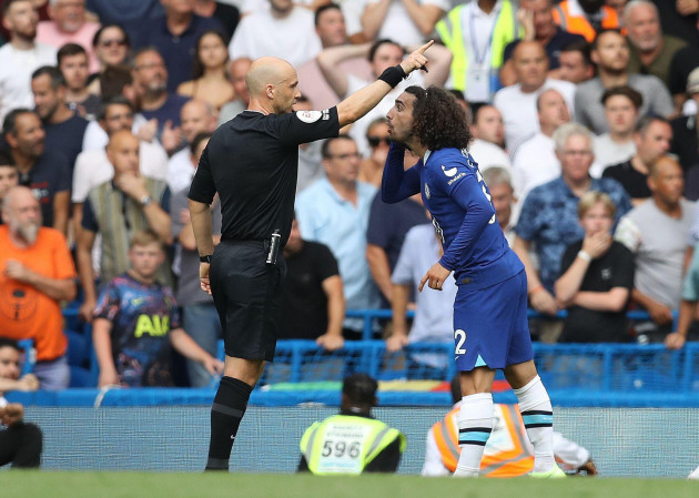 london-uk-14th-aug-2022-marc-cucurella-of-chelsea-clashes-with-referee-anthony-taylor-during-the-premier-league-match-at-stamford-bridge-london-picture-credit-should-read-paul-terrysportimage