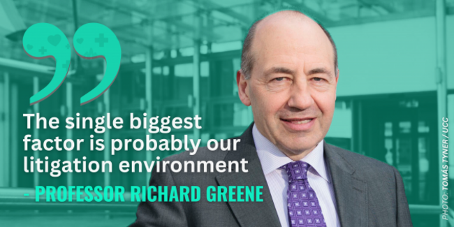 Professor Richard Greene wearing a suit and tie with quote - The single biggest factor is probably our litigation environment.