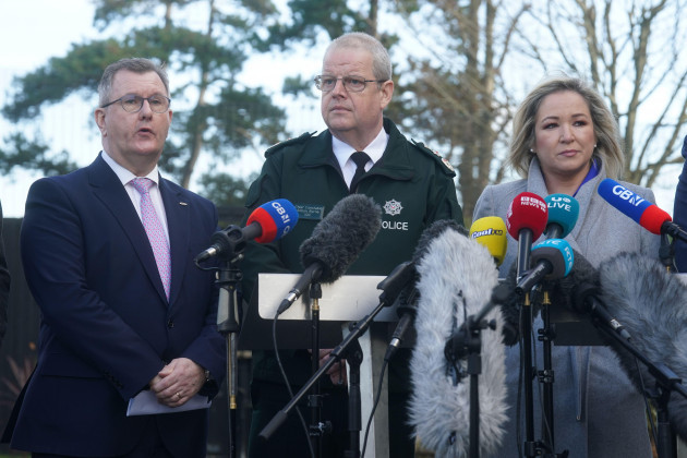 left-to-right-dup-leader-jeffrey-donaldson-police-service-of-northern-ireland-psni-chief-constable-simon-byrne-and-sinn-fein-deputy-leader-michelle-oneill-speaking-to-the-media-outside-the-psni