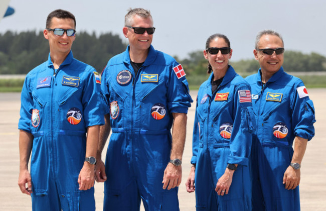 cape-canaveral-usa-20th-aug-2023-crew-7-pose-for-photos-as-they-arrive-at-the-kennedy-space-center-shuttle-landing-facility-20th-aug-2023-from-left-konstantin-borisov-of-roscosmos-esa-europ