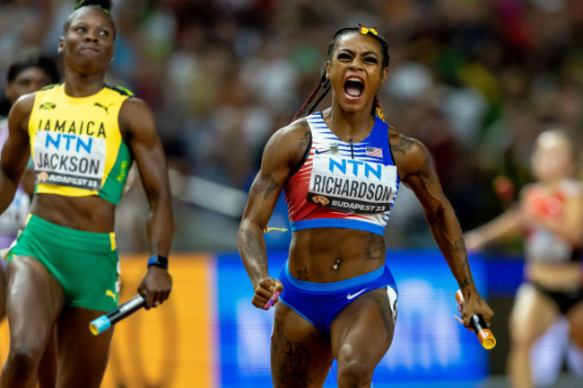 shacarri-richardson-celebrates-anchoring-the-womens-4x100m-team-to-win-gold