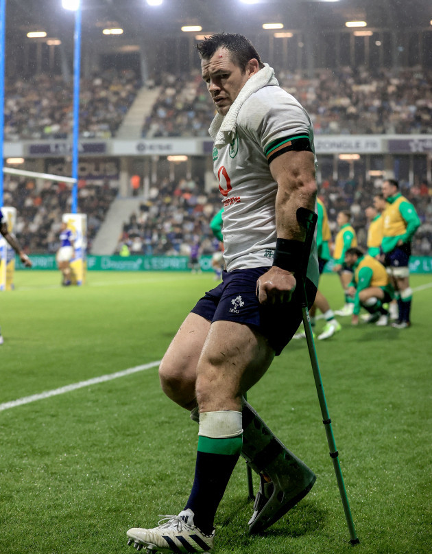cian-healy-looks-on-while-on-crutches-after-going-off-injured