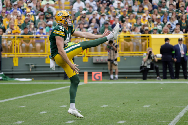 green-bay-packers-daniel-whelan-41-punts-during-a-preseason-nfl-football-game-saturday-aug-26-2023-in-green-bay-wis-gone-are-kicker-mason-crosby-the-franchises-career-scoring-leader-and-v