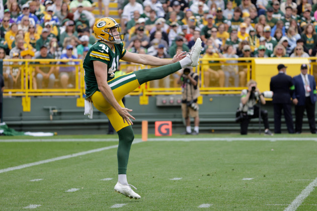 green-bay-packers-daniel-whelan-41-punts-during-a-preseason-nfl-football-game-saturday-aug-26-2023-in-green-bay-wis-gone-are-kicker-mason-crosby-the-franchises-career-scoring-leader-and-v