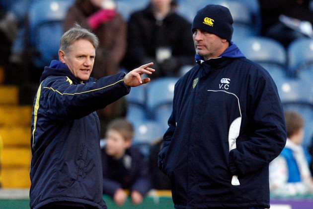 clermont-auvergnes-coach-josef-schmidt-left-gestures-to-counterpart-vern-cotter-before-their-european-rugby-cup-pool-one-match-against-sale-sharks-at-edgeley-park-stadium-stockport-england-satur