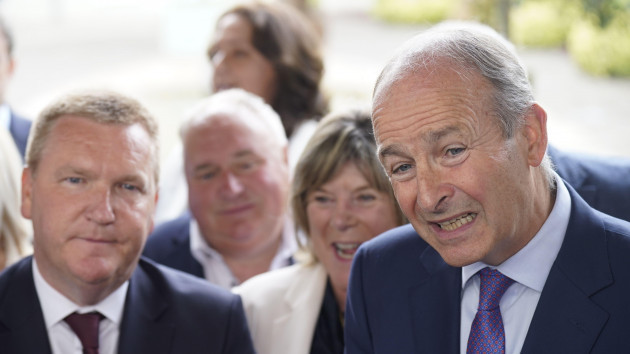 tanaiste-micheal-martin-right-with-minister-for-finance-michael-mcgrath-speaking-to-the-media-outside-the-horse-and-jockey-hotel-in-thurles-co-tipperary-during-an-fianna-fail-party-event-picture