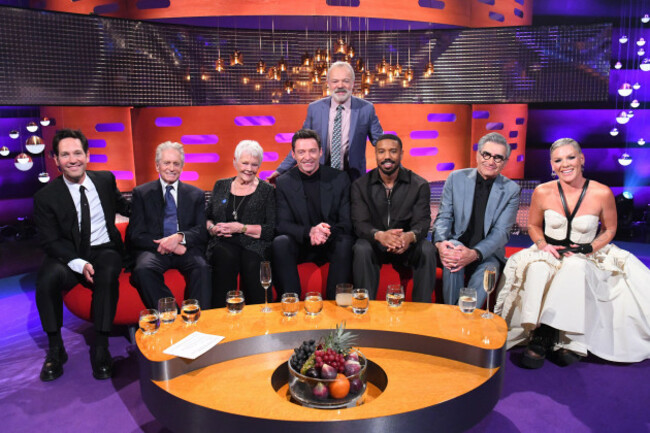 editorial-use-only-paul-rudd-michael-douglas-dame-judi-dench-hugh-jackman-michael-b-jordan-eugene-levy-pink-and-host-graham-norton-during-the-filming-for-the-graham-norton-show-at-bbc-studiowork