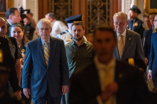 ukrainian-president-volodymyr-zelensky-c-senate-majority-leader-chuck-schumer-r-and-senate-minority-leader-mitch-mcconnell-l-arrive-for-a-meeting-with-all-100-senators-in-the-old-senate-chamber