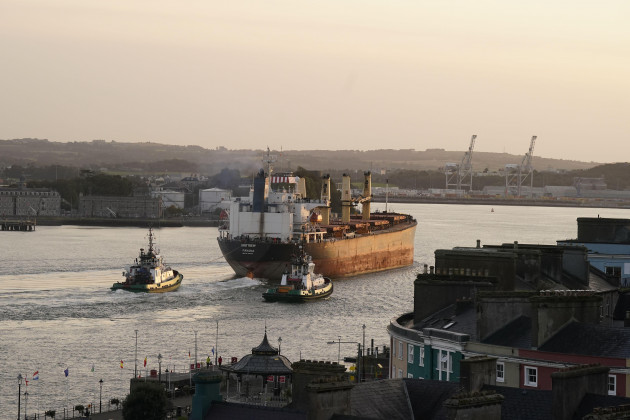 a-cargo-vessel-named-mv-matthew-is-escorted-into-cobh-in-cork-by-the-irish-navy-after-a-significant-quantity-of-suspected-drugs-were-found-onboard-three-men-have-been-arrested-on-suspicion-of-organ