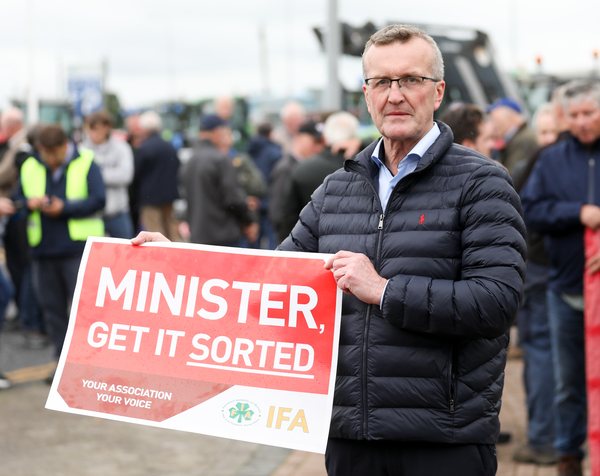 IFA President Tim Cullinan wearing a navy jacket and blue shirt holding a poster with writing - Minister, Get it Sorted - with protesting farmers in the background