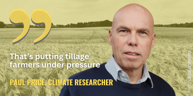 Pall Price, climate researcher - wearing a shirt and jumper standing in a field of grain - with quote: That's putting tillage farmers under pressure.