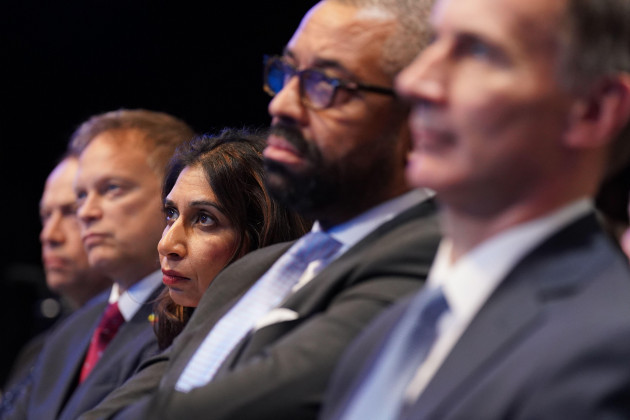 home-secretary-suella-braverman-listening-to-prime-minister-rishi-sunak-as-he-delivers-his-keynote-speech-at-the-conservative-party-annual-conference-at-the-manchester-central-convention-complex-pict