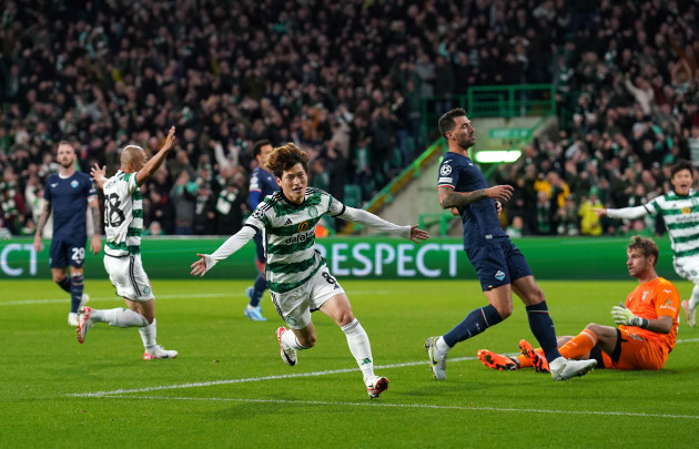 celtics-kyogo-furuhashi-celebrates-scoring-their-sides-first-goal-of-the-game-with-team-mates-during-the-uefa-champions-league-group-e-match-at-celtic-park-glasgow-picture-date-wednesday-october