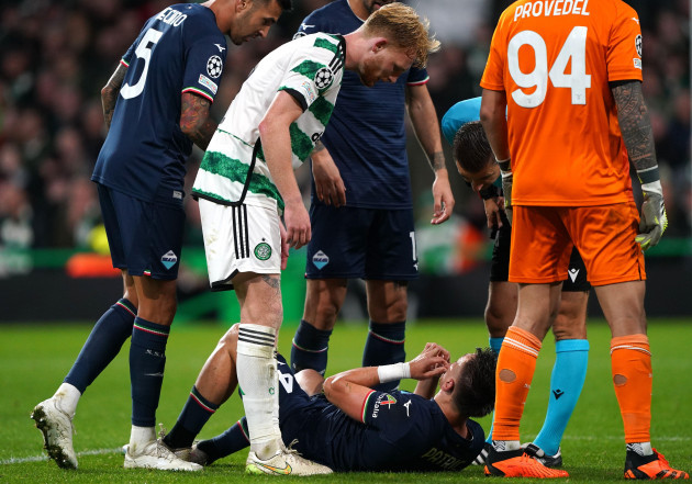 lazios-patric-reacts-to-an-injury-during-the-uefa-champions-league-group-e-match-at-celtic-park-glasgow-picture-date-wednesday-october-4-2023