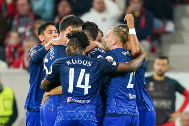 freiburg-germany-05th-oct-2023-october-5-2023-freiburg-germany-germany-freiburg-5th-october-2023-nayef-aguerd-27-west-ham-celebrates-with-teammates-after-scoring-his-teams-second-goal-du